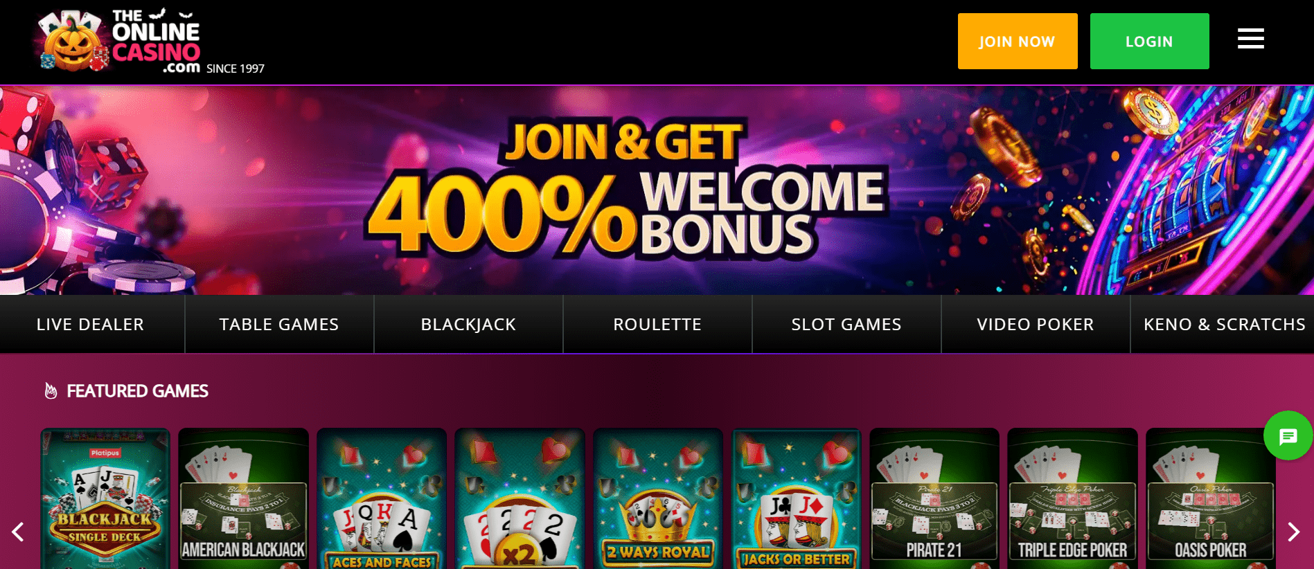 Homepage of TheOnlineCasino platform showcasing games with instant withdrawal options
