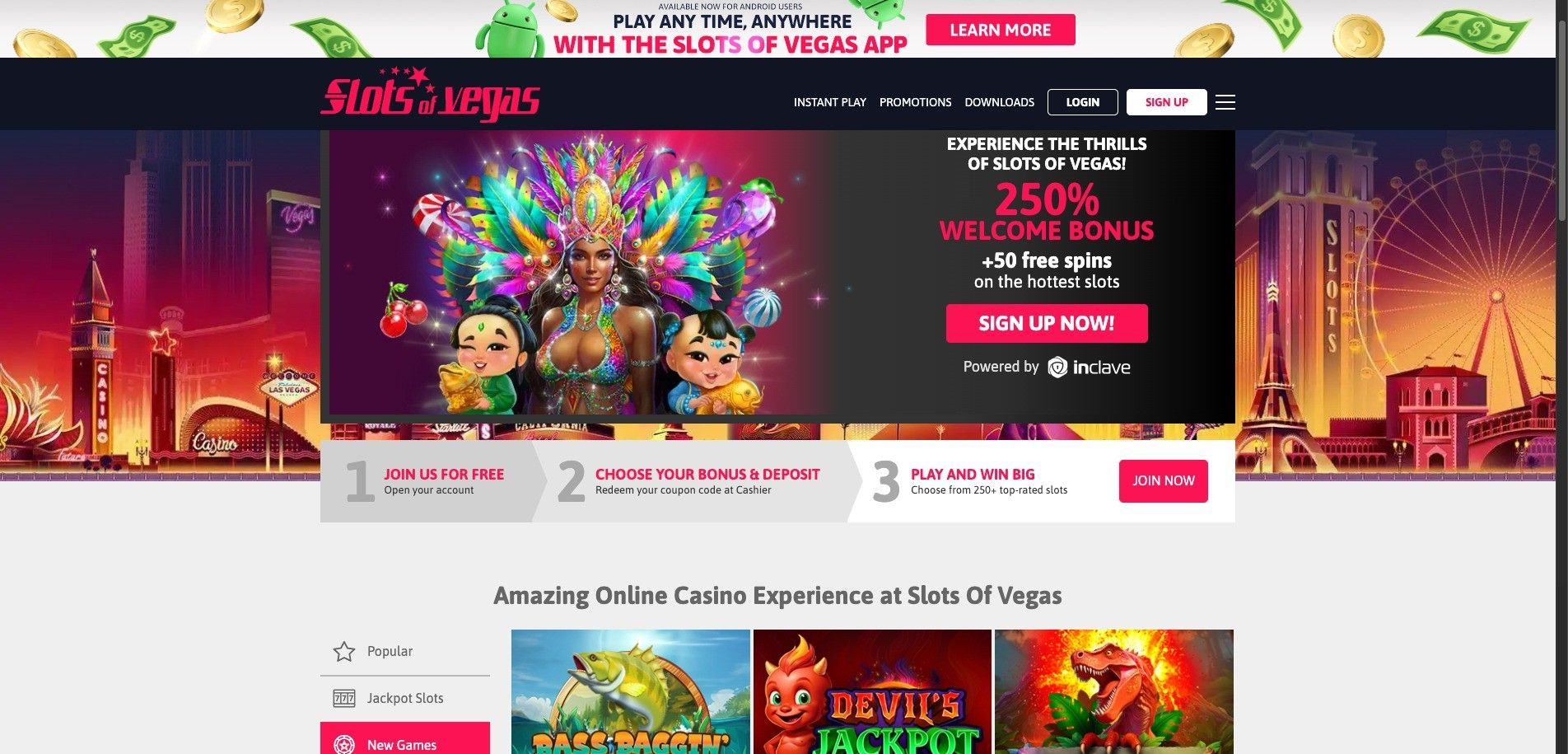 Screenshot of Slots of Vegas homepage with bonus