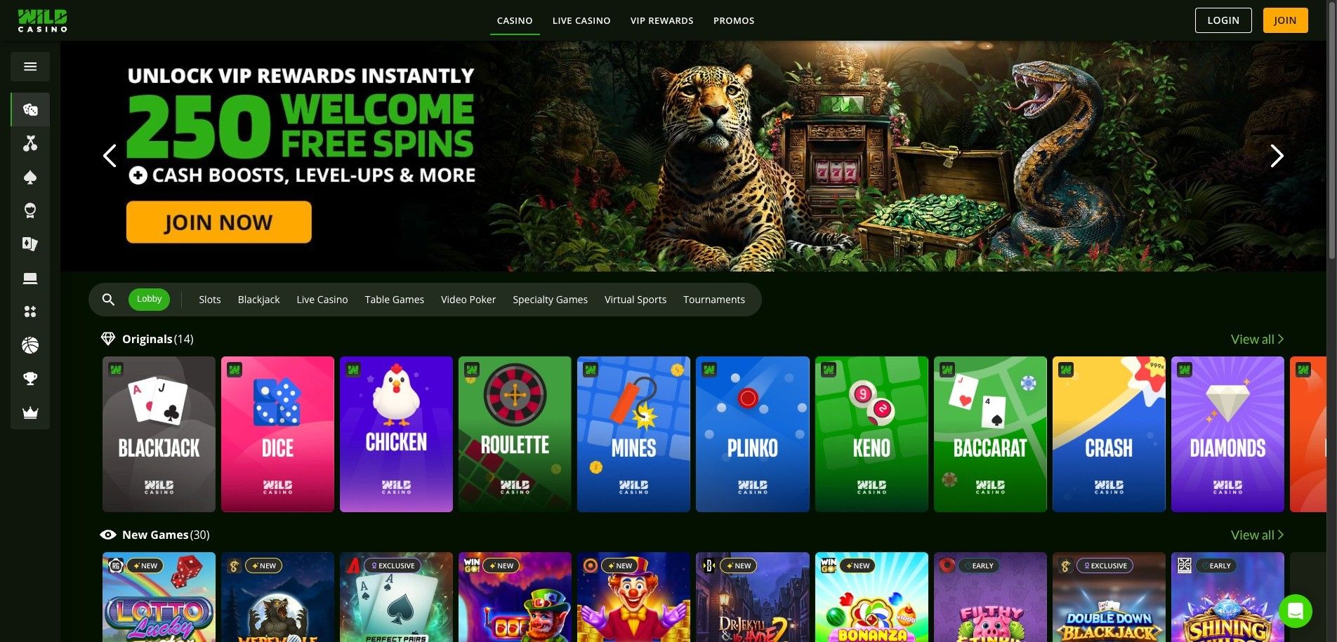 Wild Casino online casino screenshot of the homepage